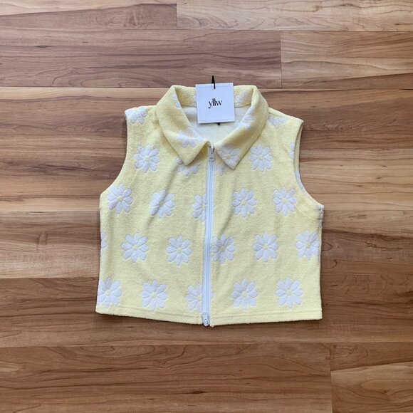 YLLW The Label Jette Zip Vest Yellow Floral Terrycloth Top NWT - Picture 4 of 8